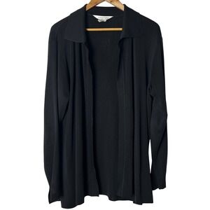 Misook Black Knit Cardigan Sweater Sz L Long Sleeve Collared Open Front‎ Vintage